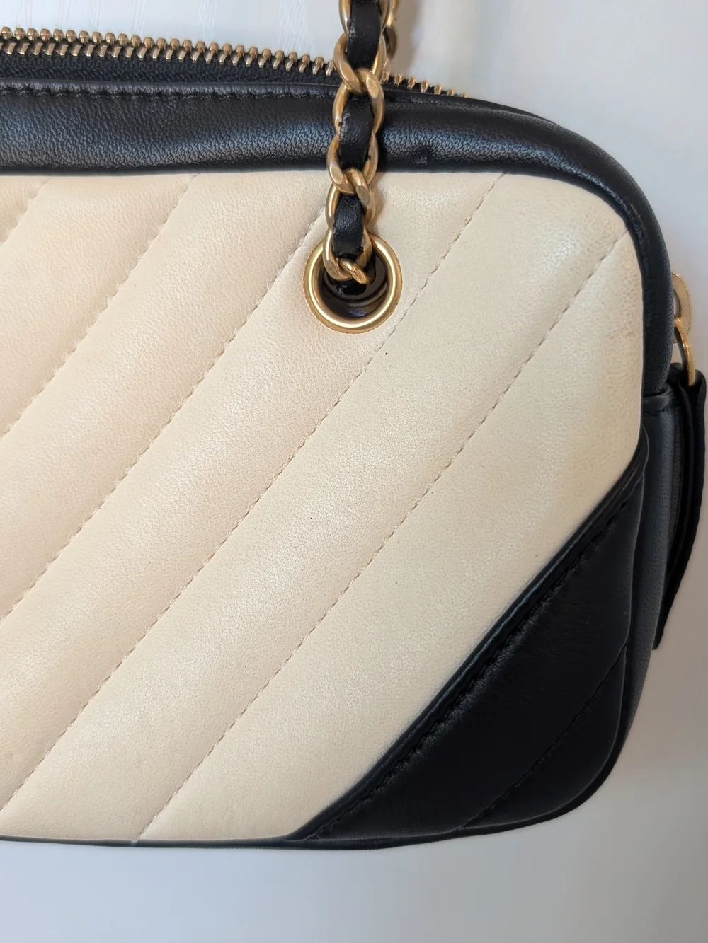 Chanel Lambskin Chevron Quilted Camera Bag In Beige And Black
